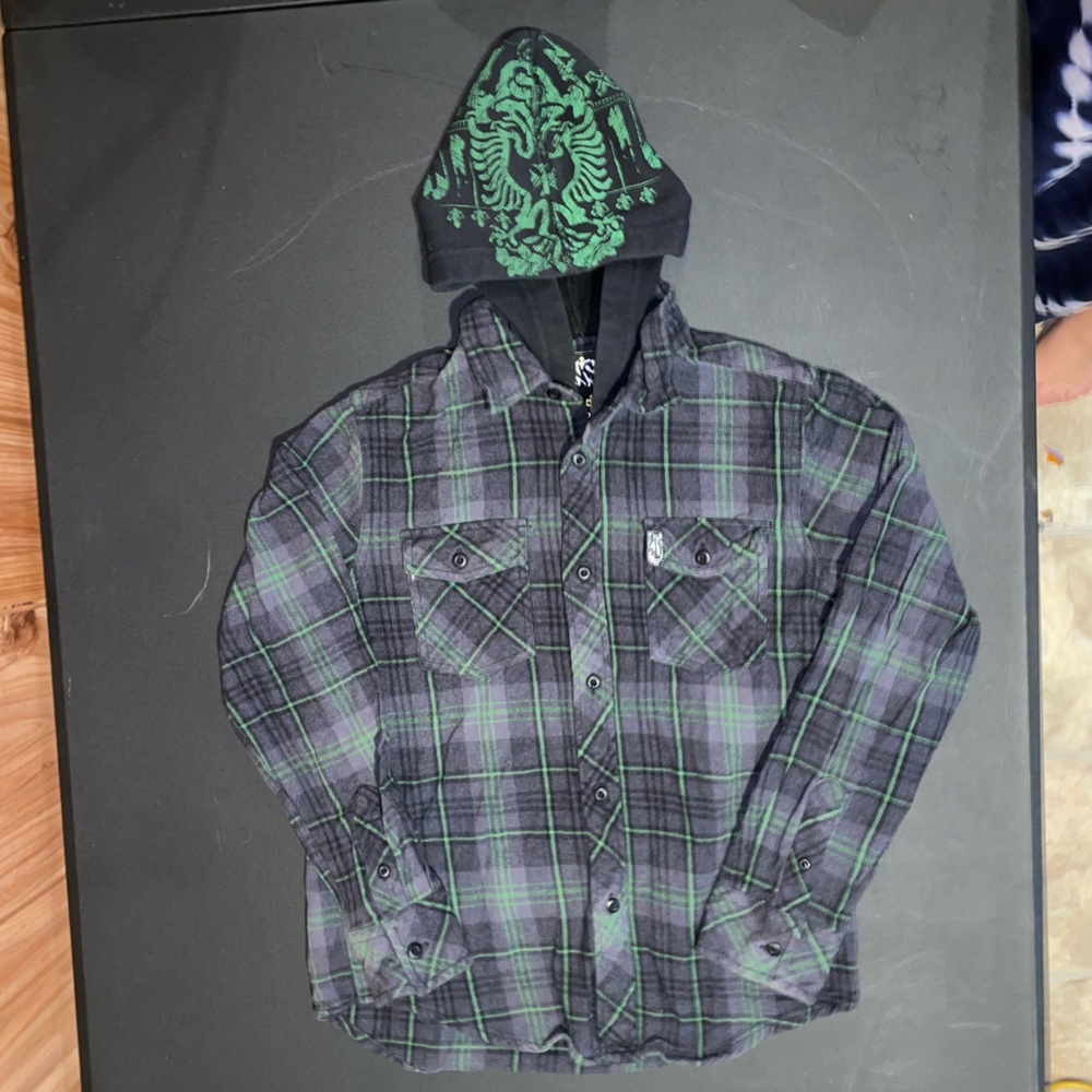 “Boy’s” Youth NSS Plaid Button-Up Shirt hoodie W Graphic on back